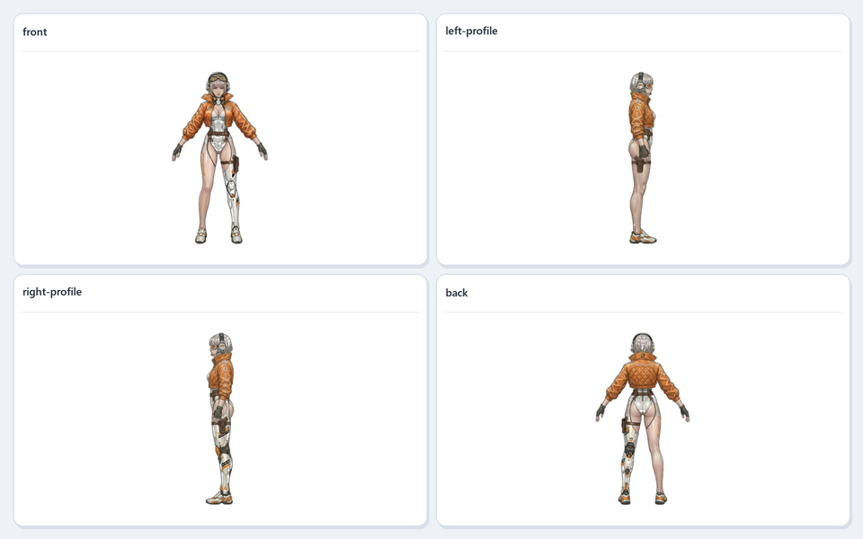 Four normalized character-view result cards